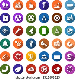Color back flat icon set - offshore oil platform vector, fan, battery, jack, leaf, windmill, pipeline, earth, hydro power plant, forest, factory, gear, conveyor, canister, bird, water drop, bulb