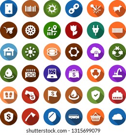 Color back flat icon set - cow vector, airport bus, sun, mining equipment, basket, blockchain molecule, notebook blocks, cube, water drop, window cleaning, welcome mat, tap, plant label, wheelbarrow