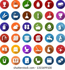Color back flat icon set - plunger vector, rake, scoop, bucket, clothespin, sponge, towel, trash bin, water drop, tap, car fetlock, window cleaning, welcome mat, iron, steaming, bath, toilet, agent