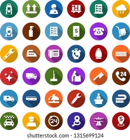 Color back flat icon set - runway vector, taxi, airport bus, 24 around, phone alarm, reception bell, baby room, sprayer, list of services, fetlock, mop, car, iron, cleaner woman, workman, wrench