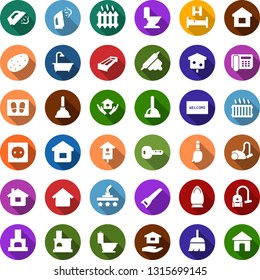 Color back flat icon set - manger vector, bed, plunger, broom, vacuum cleaner, welcome mat, iron, steaming, bath, toilet, house hold, saw, bird, fireplace, power socket, radiator, office phone, home