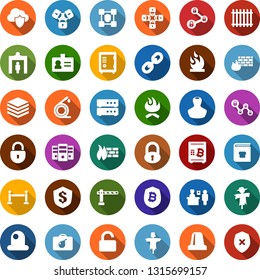 Color back flat icon set - scarecrow vector, fence, barrier, passport control, security gate, bomb in case, identity, stamp, safe, lock, bitcoin shield, blockchain, chain, hose, flammable, insurance