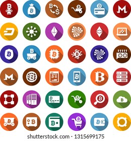 Color back flat icon set - bitcoin sign vector, etherium, dash, iota, monero, mining, farm, equipment, exchange, card, site, bag, search, globe, cloud, chip, shield, safe, phone, cart, blockchain