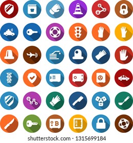 Color back flat icon set - plane radar vector, alarm car, border cone, safe, lock, rubber glove, bitcoin, chain, boot, hose, unmanned, traffic light, shield, key, siren, lifebuoy