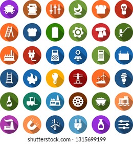 Color back flat icon set - fork loader vector, power plug, ripper, ladder, fire, battery, sun panel, mine trolley, gas station, windmill, thermal plant, bulb, hydro, line pillar, factory, gear
