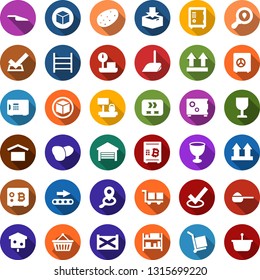 Color back flat icon set - safe vector, bitcoin, basket, cube, scoop, washing powder, bird house, conveyor, container, fragile, cargo, warehouse storage, up side sign, package, heavy scales, search