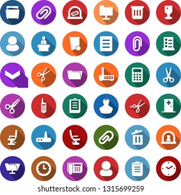 Color back flat icon set - trash bin vector, reception, ticket office, stamp, medical room, scissors, hairdresser chair, list of services, shining window, phone, clipboard, calculator, router, user
