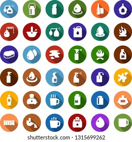 Color back flat icon set - milk vector, can, distilizer, hot cup, pump sprayer, shampoo, parfume, sponge, water drop, splotch, liquid soap, cleaning agent, canister, metallurgy, glass bottle, tea