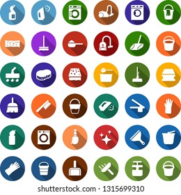 Color back flat icon set - bucket vector, washer, scraper, broom, vacuum cleaner, fetlock, mop, sponge, car, scoop, steaming, washing powder, cleaning agent, rubber glove