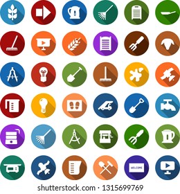 Color back flat icon set - spike vector, shovel and rake, sheep, right arrow, ladder car, water tap, splotch, welcome mat, washboard, garden fork, well, bulb, draw, satellite, presentation board
