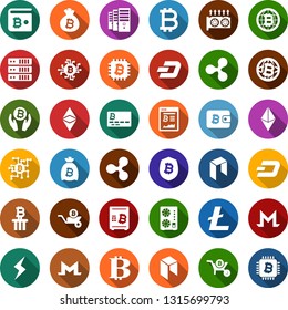 Color back flat icon set - bitcoin sign vector, etherium, ripple, litecoin, dash, monero, storm, neo, mining farm, equipment, card, site, palm, bag, globe, chip, shield, safe, wheelbarrow, column