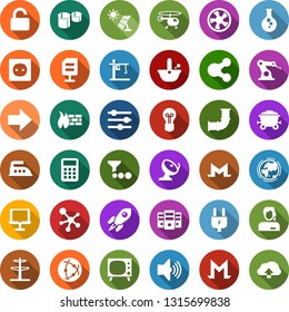 Color back flat icon set - tv vector, helicopter, monero sign, molecule, rocket, iron, fan, sun panel, flask, oil pipeline, earth, bulb, power line pillar, plug, socket, tower crane, pipes, support