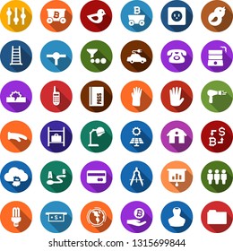 Color back flat icon set - barn vector, passport, stamp, luggage storage, hair dryer, credit card, hood, phone, rubber glove, mining, bitcoin exchange, palm, cloud, presentation graph, tree, well