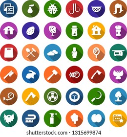 Color back flat icon set - barn vector, shovel and rake, rabbit, potato, pear, plum, fruit tree, clouds, mirror, nail polish, shaving brush, sprayer, wave of hair, woman, beard, cube, fetlock, fence