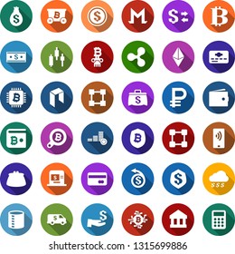 Color back flat icon set - wallet vector, credit card, bitcoin sign, etherium, ripple, neo, mining, japanese chart, search, chip, shield, blockchain, column, ruble, monero, dollar coin, exchange