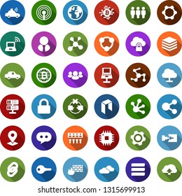 Color back flat icon set - antenna vector, wireless notebook, clouds, neo sign, bitcoin globe, chip, blockchain molecule, unmanned car, cpu, network, disconnection, server, cloud, lock, big data