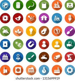Color back flat icon set - barn vector, farm, harvester, fork loader, glove, trowel, sickle, offshore oil platform, sun panel, leaf, flask, earth, barrel, bulb, hydro power plant, socket, factory