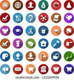Color back flat icon set - leaf vector, bucket, automatic door, shower, left arrow, scissors, nose, ear, shaving brush, bitcoin globe, molecule, cube, towel, splotch, toilet paper, lawn mower, house