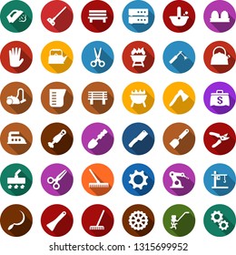 Color back flat icon set - scissors vector, rubber glove, vacuum cleaner, rake, iron, steaming, farm fork, pruner, boot, hoe, sickle, axe, trowel, ripper, bench, gear, tower crane, welding, big data