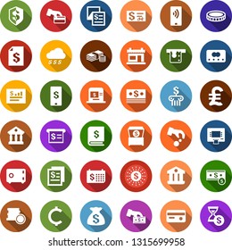 Color back flat icon set - barbershop building vector, pound, cent, mobile payment, coin, dollar, cash, money rain, credit card, safe, insurance, sun, bank, atm, receipt, finance calendar, bag, pay