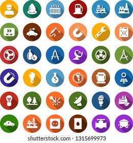 Color back flat icon set - offshore oil platform vector, fan, sun panel, gas station, flask, pipeline, earth, barrel, bulb, power socket, forest, factory, eco, conveyor, workman, canister, nuclear