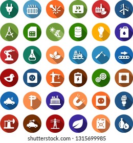 Color back flat icon set - offshore oil platform vector, battery, sun panel, jack, leaf, flask, windmill, barrel, bulb, hydro power plant, line pillar, plug, socket, eco factory, gear, conveyor, cpu