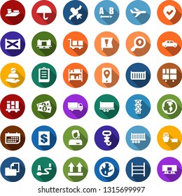 Color back flat icon set - earth vector, railroad, important flag, plane, satellite, cash, traffic light, support, client, mobile tracking, sea shipping, truck trailer, cargo container, car delivery