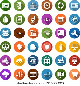 Color back flat icon set - sun vector, cafe, globe, plane, helicopter, airport building, electric razor, barbershop, phone, hairdresser chair, hair straightening, scraper, plates, tree, fireplace