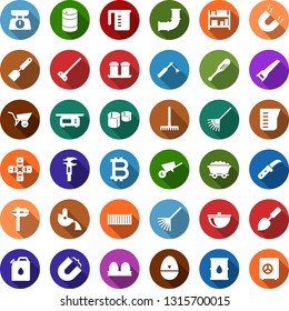 Color back flat icon set - bitcoin sign vector, lock chain, trowel, rake, wheelbarrow, pruner, hoe, garden knife, saw, mine trolley, oil pipeline, barrel, canister, magnet, pipes, welding, calipers