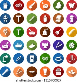 Color back flat icon set - baby vector, comb, mirror, creme, shampoo, razor, hair iron, dye, hood dryer, make up brush, shaving, spa, wave of, eyelashes, tweezers, soap, towel, lady bug, pond, leaf