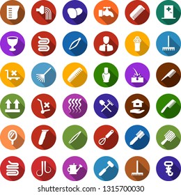 Color back flat icon set - shovel and rake vector, medical room, comb, mirror, nail polish, electric razor, wave of hair, tweezers, towel, depilation, water tap, house hold, watering can, lawn mower