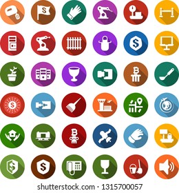 Color back flat icon set - fence vector, plane globe, airport building, hair dye, phone, bitcoin column, bucket and broom, house hold, seedling, glove, manufacture robot, navigation, railroad, flag