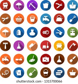 Color back flat icon set - milk can vector, bucket, suitcase, umbrella, stamp, baggage larry, mirror, razor, mining, basket, plunger, fetlock, water tap, scoop, toilet brush, shovel, farm fork, axe