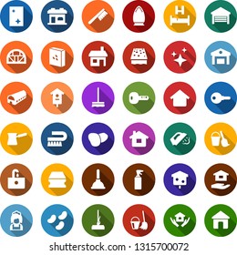 Color back flat icon set - farm vector, bed, barbershop building, sprayer, plunger, bucket and broom, fetlock, mop, sponge, car, window cleaning, iron, steaming, house hold, sink, cleaner woman, key