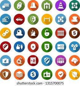 Color back flat icon set - fence vector, passport control, security gate, alarm car, bomb in case, identity, border cone, bitcoin safe, chain, blockchain shield, lock, hose, flammable, insurance