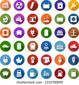 Color back flat icon set - hot cup vector, electric razor, power plug, fire, offshore oil platform, battery, sun panel, jack, mine trolley, gas station, windmill, thermal plant, barrel, bulb, hydro