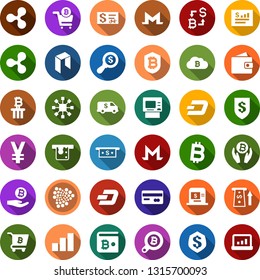 Color back flat icon set - credit card vector, wallet, ripple sign, dash, iota, monero, neo, growth graph, bitcoin exchange, palm, search, cloud, shield, cart, blockchain cube, column, yen, atm