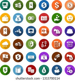 Color back flat icon set - bitcoin exchange vector, cash, dollar, mobile payment, coin, euro, money rain, insurance, smile, atm, receipt, finance calendar, flag, bag, piggy bank, pay, encashment