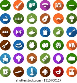 Color back flat icon set - broccoli vector, sheep, rabbit, farm fence, hay, bald head, mustache, make up brush, mining, drying clothes, foam basin, garden fork, shovel, caterpillar, pond, lady bug