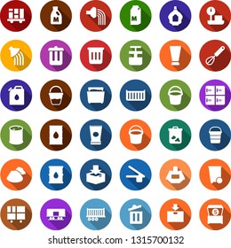 Color back flat icon set - milk vector, bucket, trash bin, checkroom, creme, parfume, garbage pile, watering, barrel, canister, truck trailer, cargo container, consolidated, package, oil, railroad