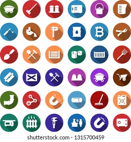 Color back flat icon set - shovel and rake vector, passport control, razor blade, bitcoin sign, lock chain, trowel, hoe, farm fork, wheelbarrow, pruner, mine trolley, oil pipeline, canister, magnet
