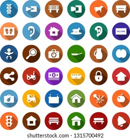 Color back flat icon set - cow vector, plum, tractor, train, bomb in case, baby, camera, ear, welcome mat, garden fork, bench, battery, laser, cash, traffic light, share, home, connection, lock