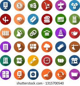 Color back flat icon set - wool vector, cheese, plow, satellite antenna, border cone, checkroom, razor blade, barbershop building, list of services, lock chain, towel, rubber glove, washboard, fire