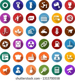 Color back flat icon set - cow vector, dispatcher, reception bell, passport, comb, hair trimmer, shaving brush, wave of, bitcoin column, wallet, broom, rake, shining window, ladder, seedling, sun