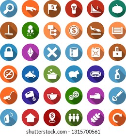 Color back flat icon set - pig vector, arrival, no smoking, etherium, down graph, steaming, foam basin, cleaning agent, sink, trowel, tree, glove, seedling, seeds, rake, lawn mower, pumpkin, bulb