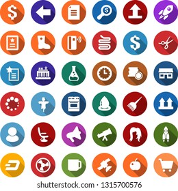 Color back flat icon set - plum vector, scarecrow, scissors, hair dye, hairdresser chair, woman, dash sign, rocket, storefront, watering can, rain, boot, fan, flask, hydro power plant, water drop