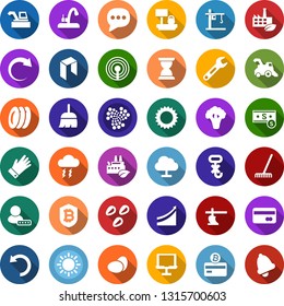 Color back flat icon set - eggs vector, harvester, plow, broccoli, antenna, storm cloud, credit card, iota sign, neo, growth graph, bitcoin, shield, broom, plates, water tap, rake, glove, sun, seeds