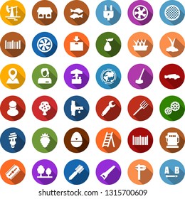 Color back flat icon set - fish vector, berry, pear, fruit tree, comb, razor blade, cooling, wheelbarrow, pumpkin, farm fork, ladder, sproute, saw, seedling, well, hoe, drip irrigation, fan, earth