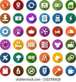 Color back flat icon set - mortar vector, milk, duck, mushroom, pumpkin, tractor, runway, no laptop, bed, credit card, storm sign, mining farm, molecule, lawn mower, butterfly, fire, garden light