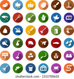Color back flat icon set - leaf vector, seeds, sowing, udder, milk can, sheep, eggs, fish, hay, pumpkin, potato, pear, corn, harvester, plow, bucket, watering, hoe, plant label, greenhouse, shovel